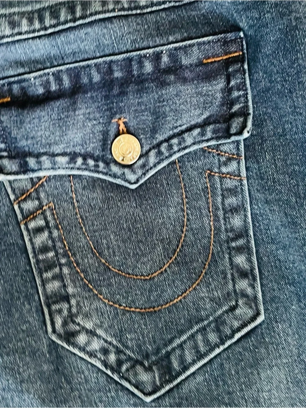 True Religion Jeans with Red Logo Patch on Blue denim NWOT pristine